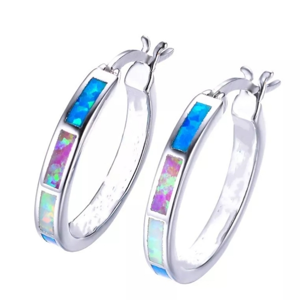 Multi Colored Simulated Opal Hoop Earring With Si… - image 2